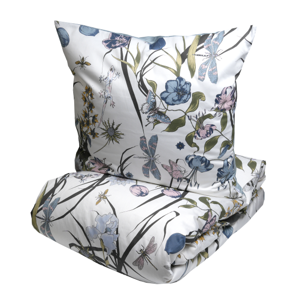 Sengetj Living Garden Blue satin 140x220 og pudebetrk 60x63 - TC 300 - Quilts of Denmark
