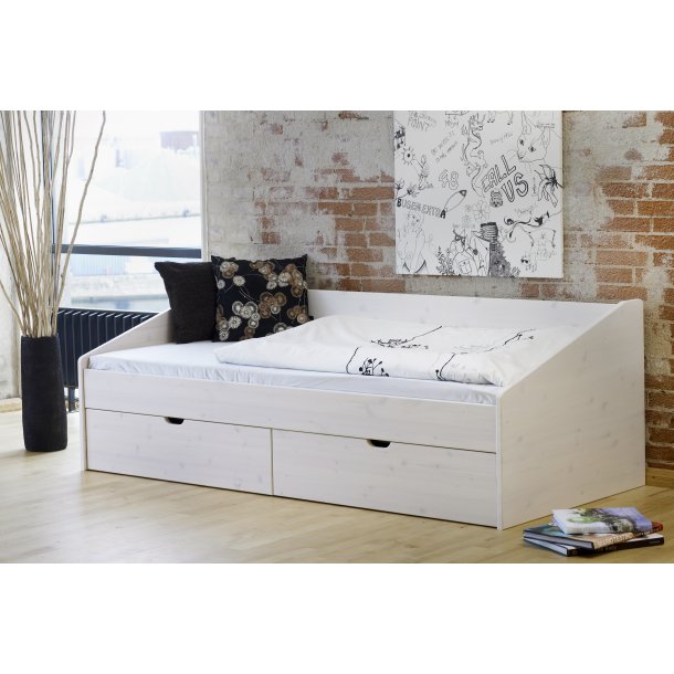 Messina seng med opbevaring 90x200 cm., hvidpigmenteret med 2 skuffer